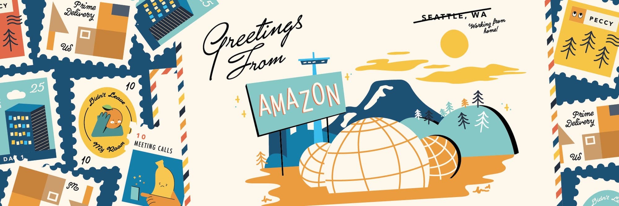 “Greetings from Amazon” postcard illustration with Seattle stamps