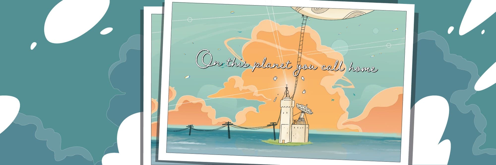 Illustrated postcard of a lighthouse at sunset