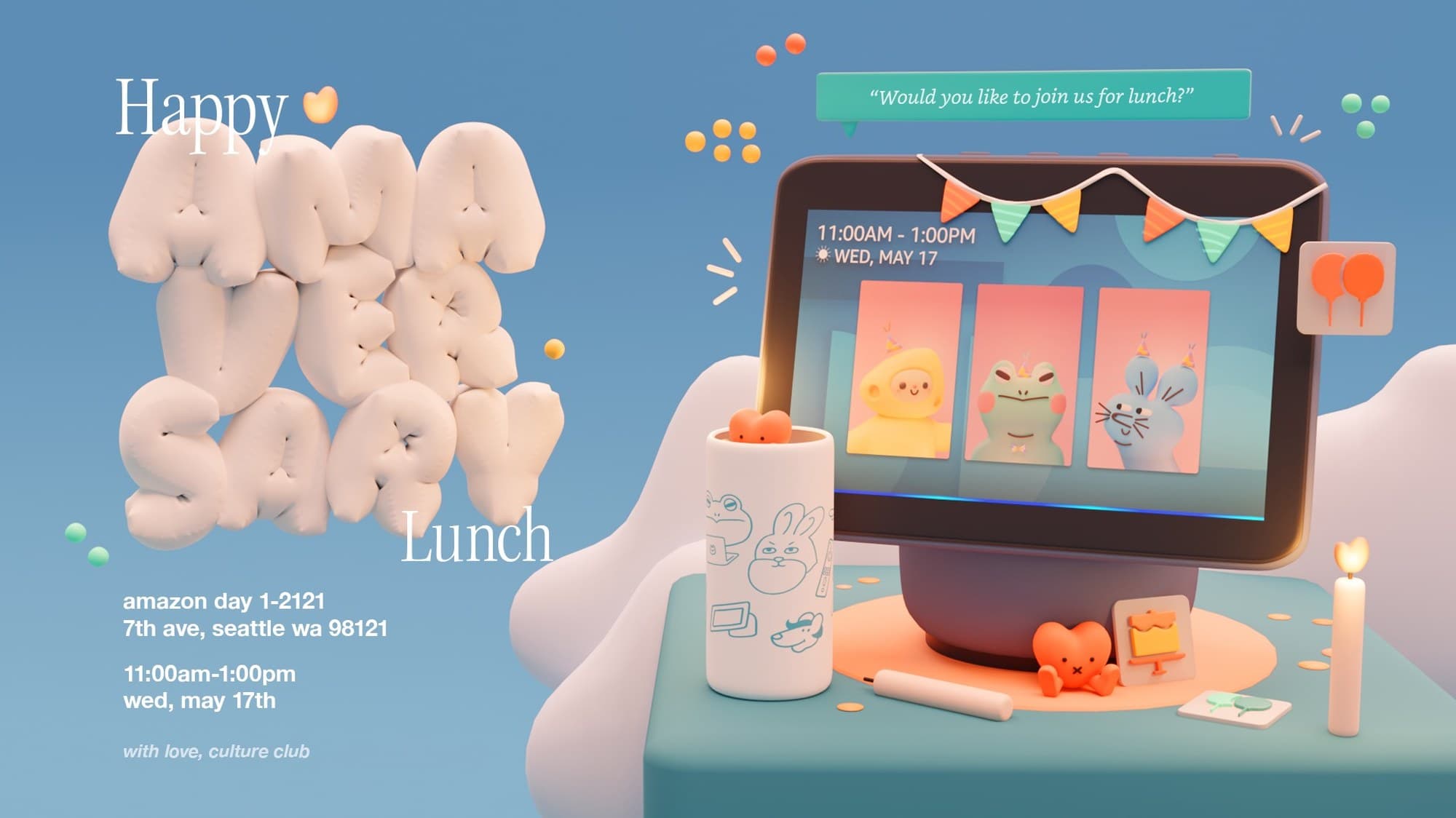 Amazon anniversary lunch invitation with 3D lettering and an Echo Show