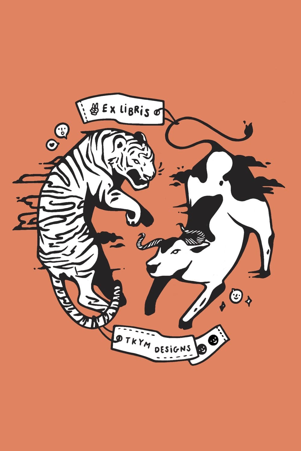 Ex Libris bookplate illustration of a tiger and a cow