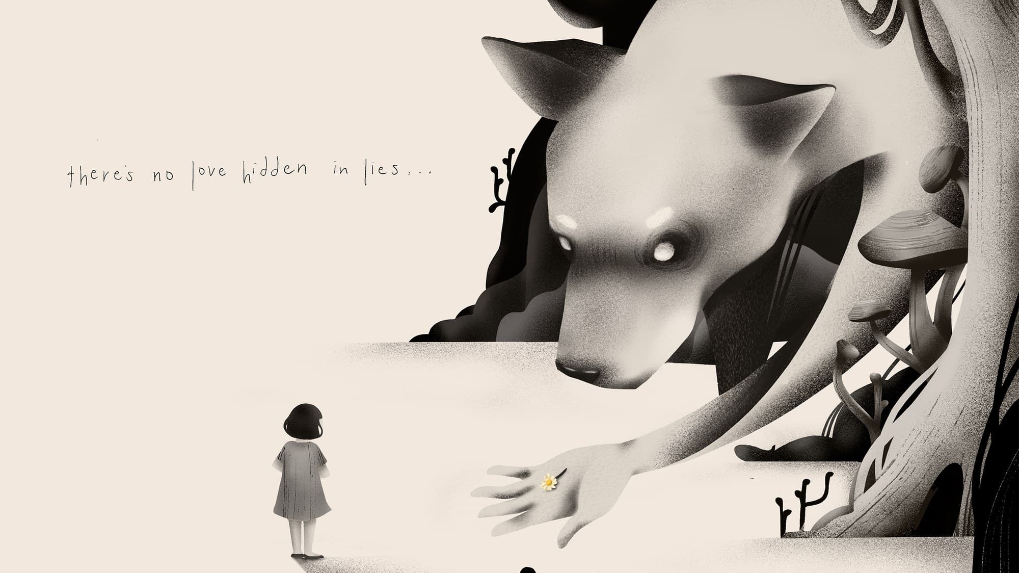 Illustration of a girl offering a ring to a giant wolf — “there’s no love hidden in lies”