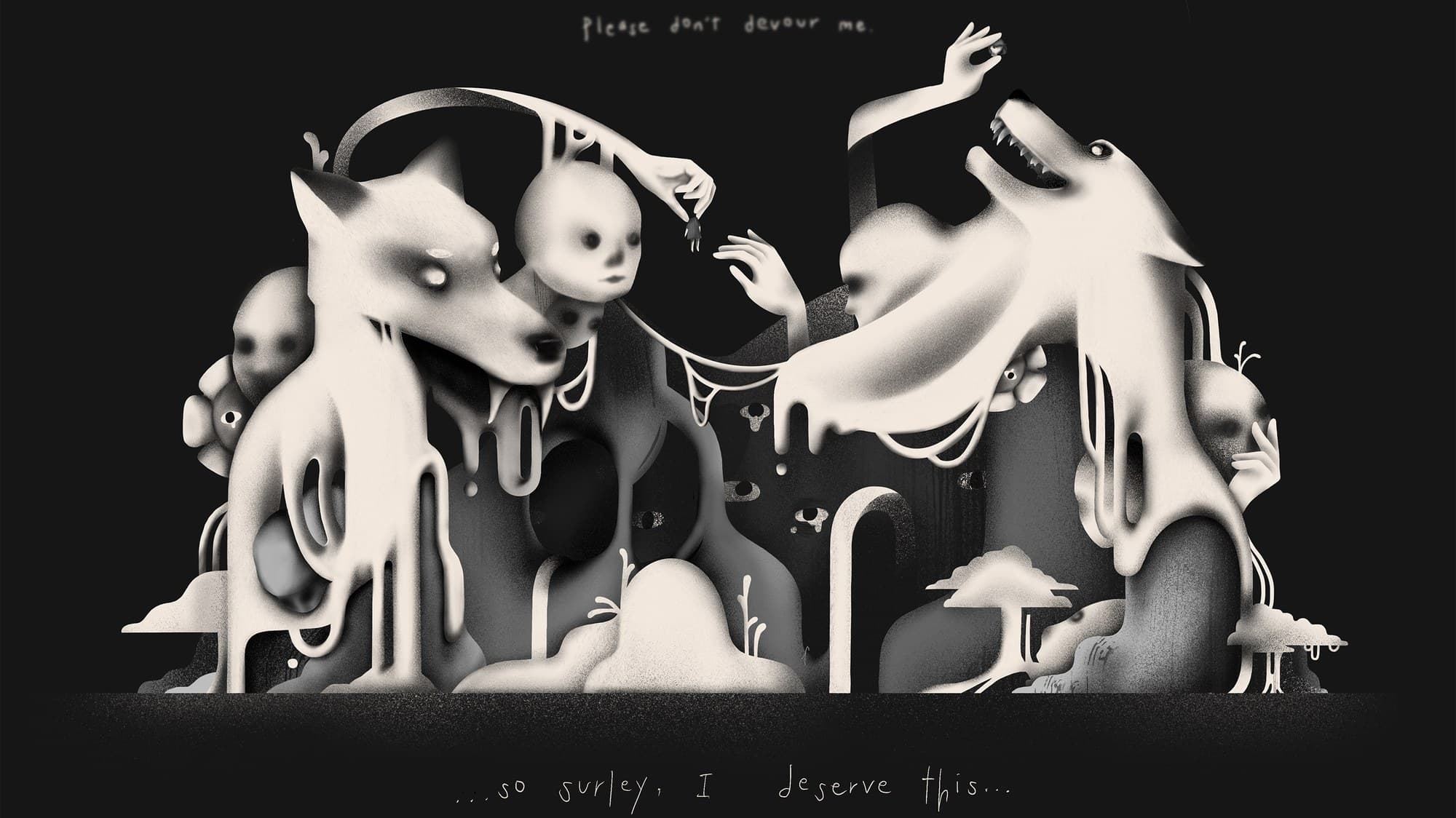 Dark illustration of ghostly wolves and figures — “please don’t devour me… so surely, I deserve this”