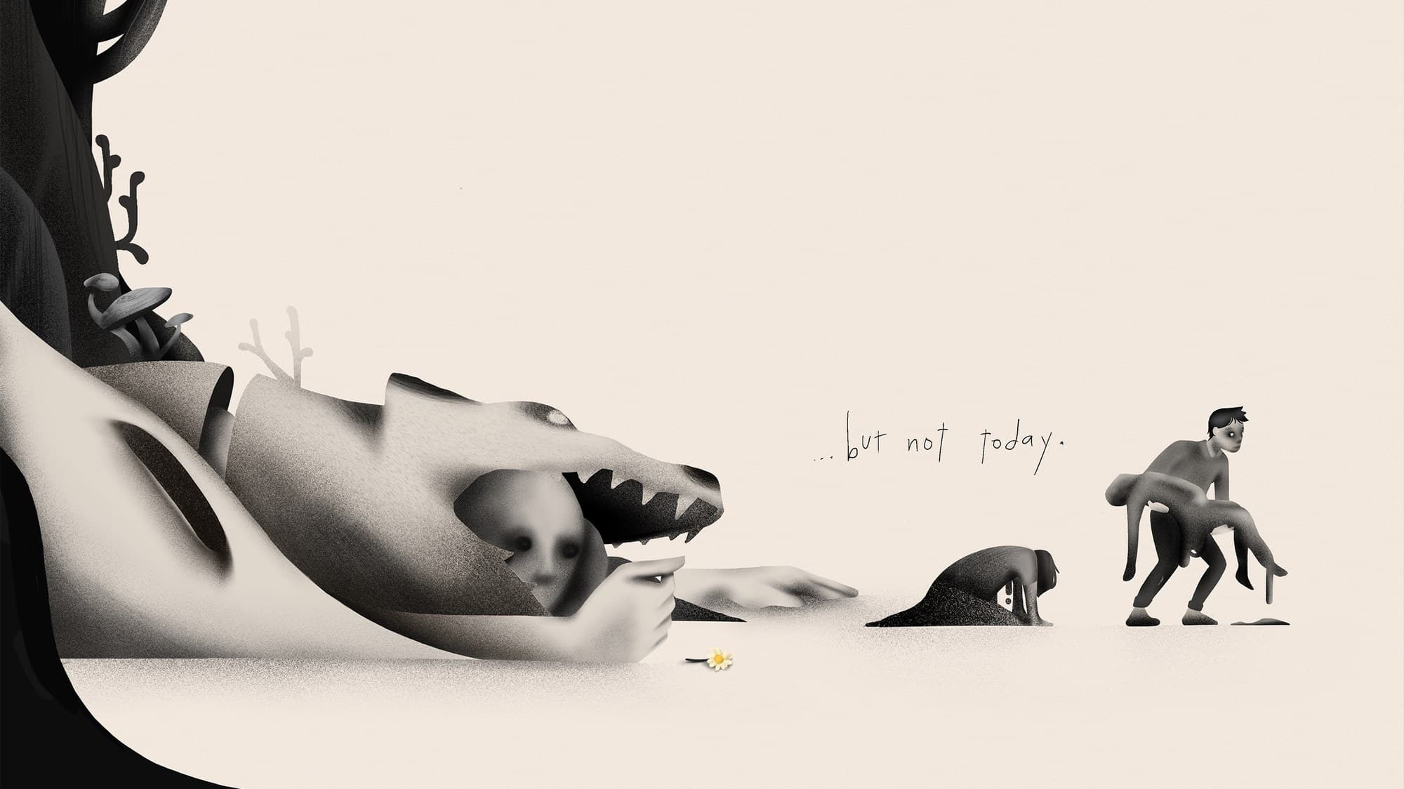 Illustration of a fallen wolf as a man carries a figure away — “…but not today.”