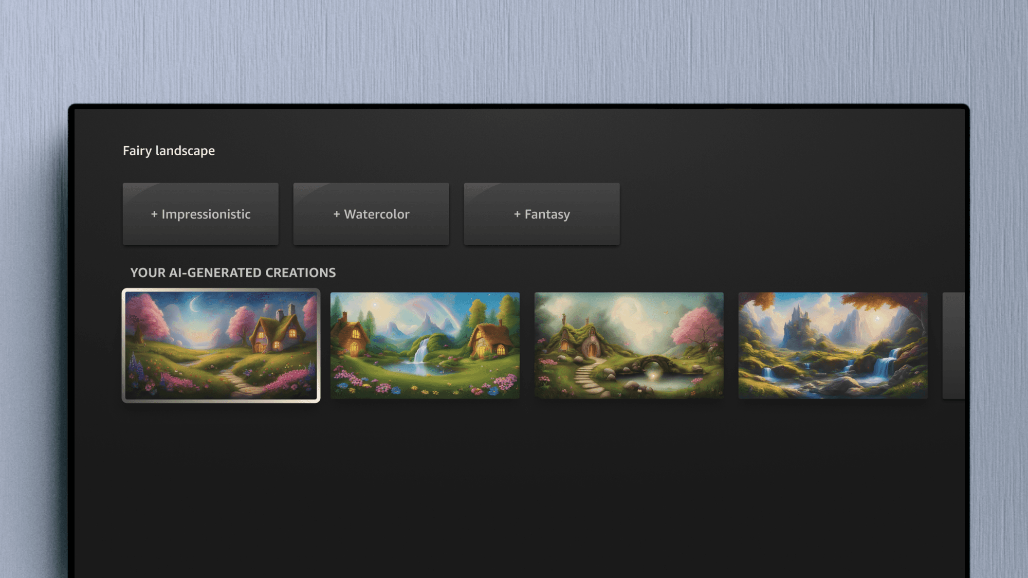 Fire TV image generation screen with style options and a row of AI-generated fairy landscapes