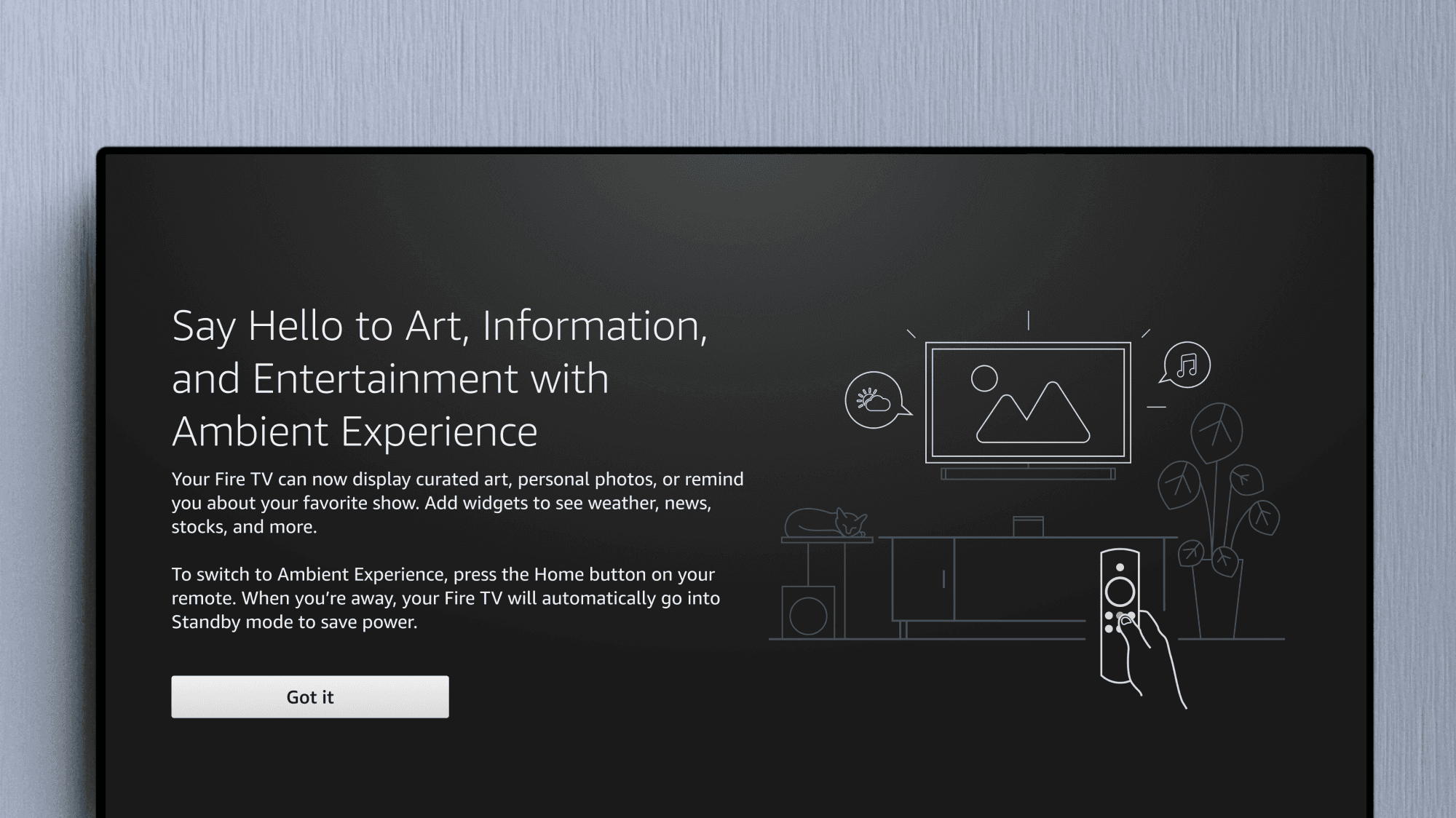 Fire TV onboarding screen using OOBE patterns for the Ambient Experience