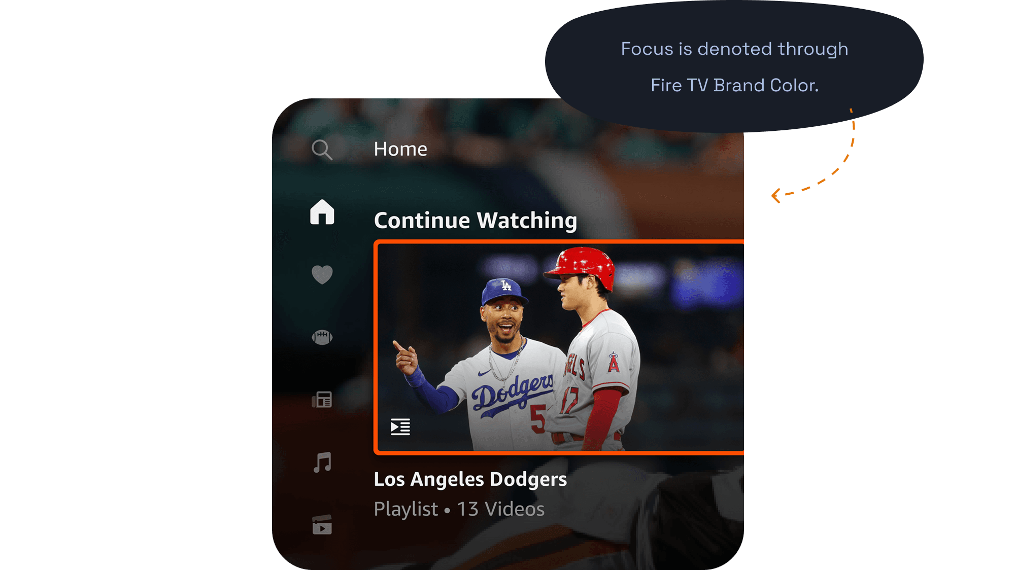 Fire TV Channels navigation default view — focus is denoted through Fire TV brand color