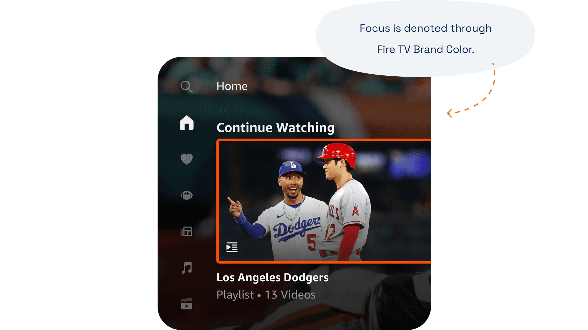 Fire TV Channels navigation default view — focus is denoted through Fire TV brand color