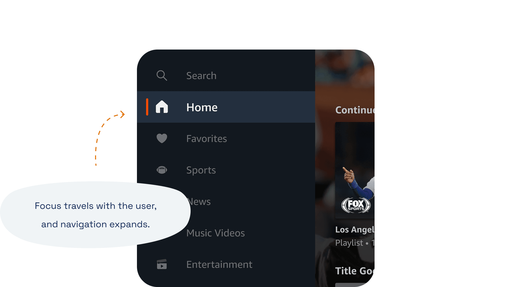 Fire TV Channels navigation level 1 expanded — focus travels with the user, and navigation expands