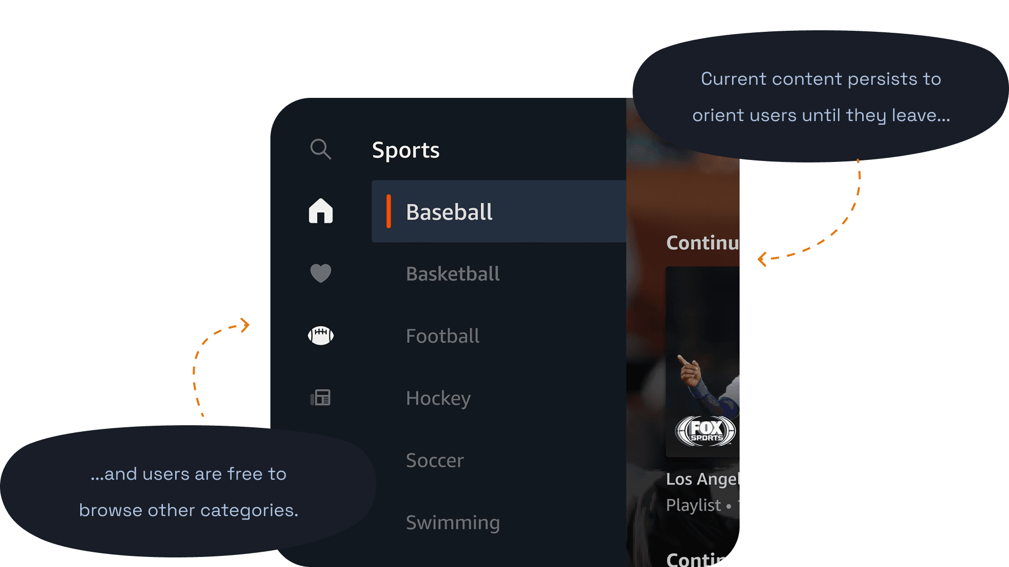Fire TV Channels navigation level 2 expanded — current content persists to orient users, who remain free to browse other categories