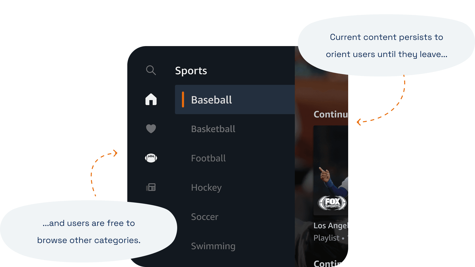 Fire TV Channels navigation level 2 expanded — current content persists to orient users, who remain free to browse other categories