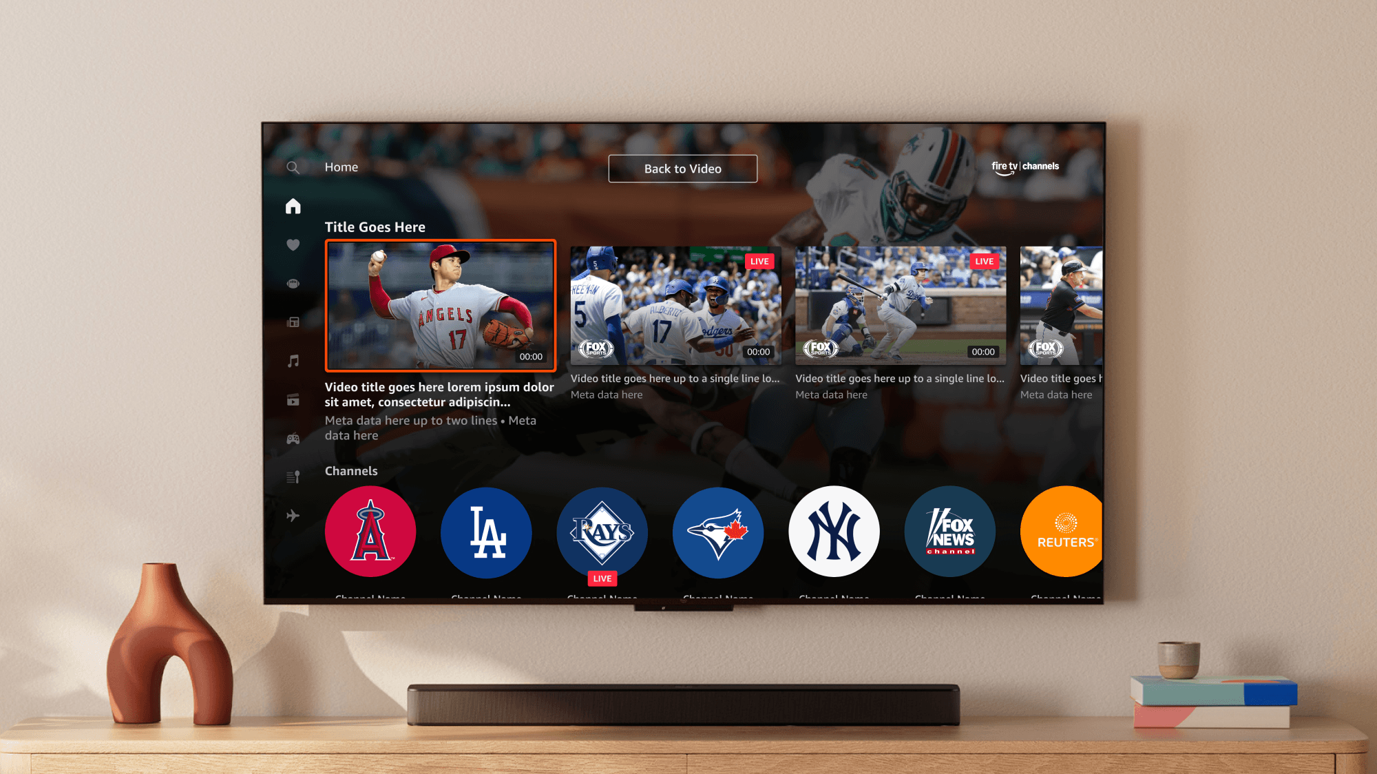 Fire TV Channels home layout with an assortment of tiles