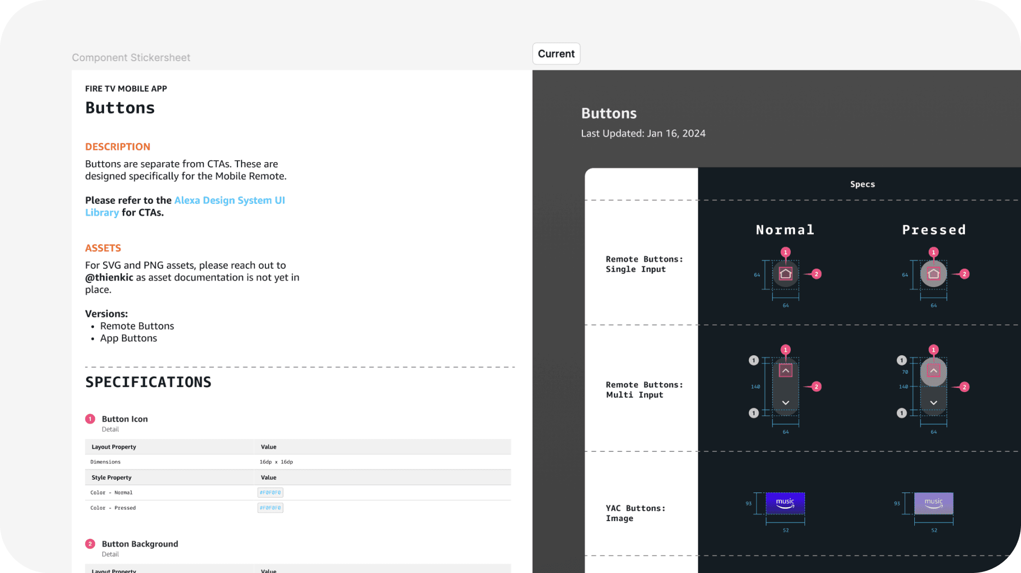 Fire TV Mobile App component stickersheet documenting button specs for engineering