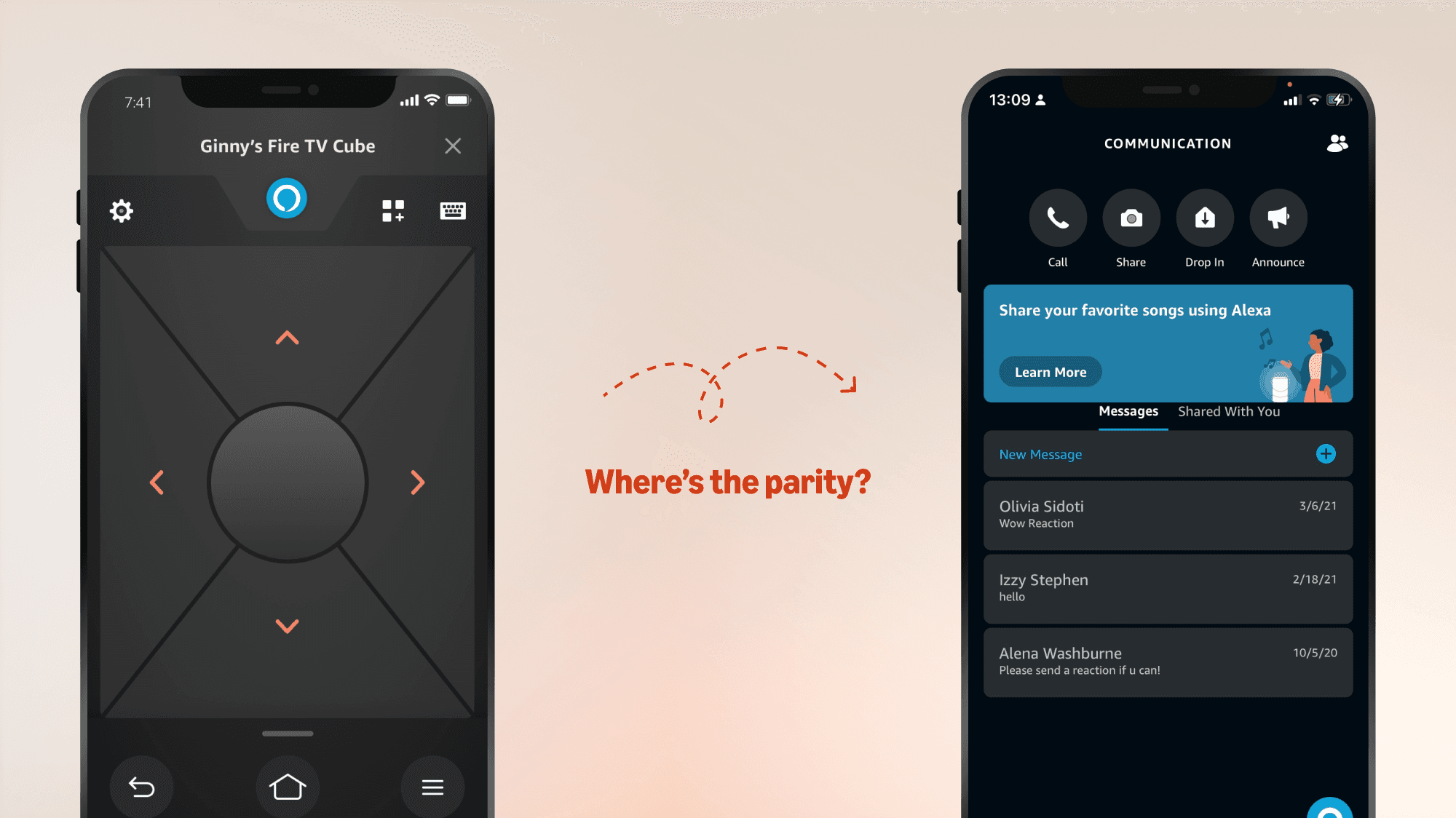 The Fire TV Mobile App's virtual remote next to the Alexa Mobile App's Communication screen, highlighting the lack of visual parity